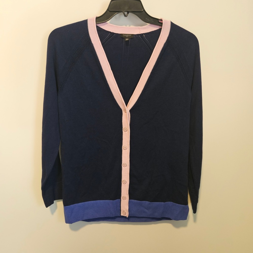 Talbots Navy Cardigan Sweater M Petite Colorblock V-Neck Button Front Preppy